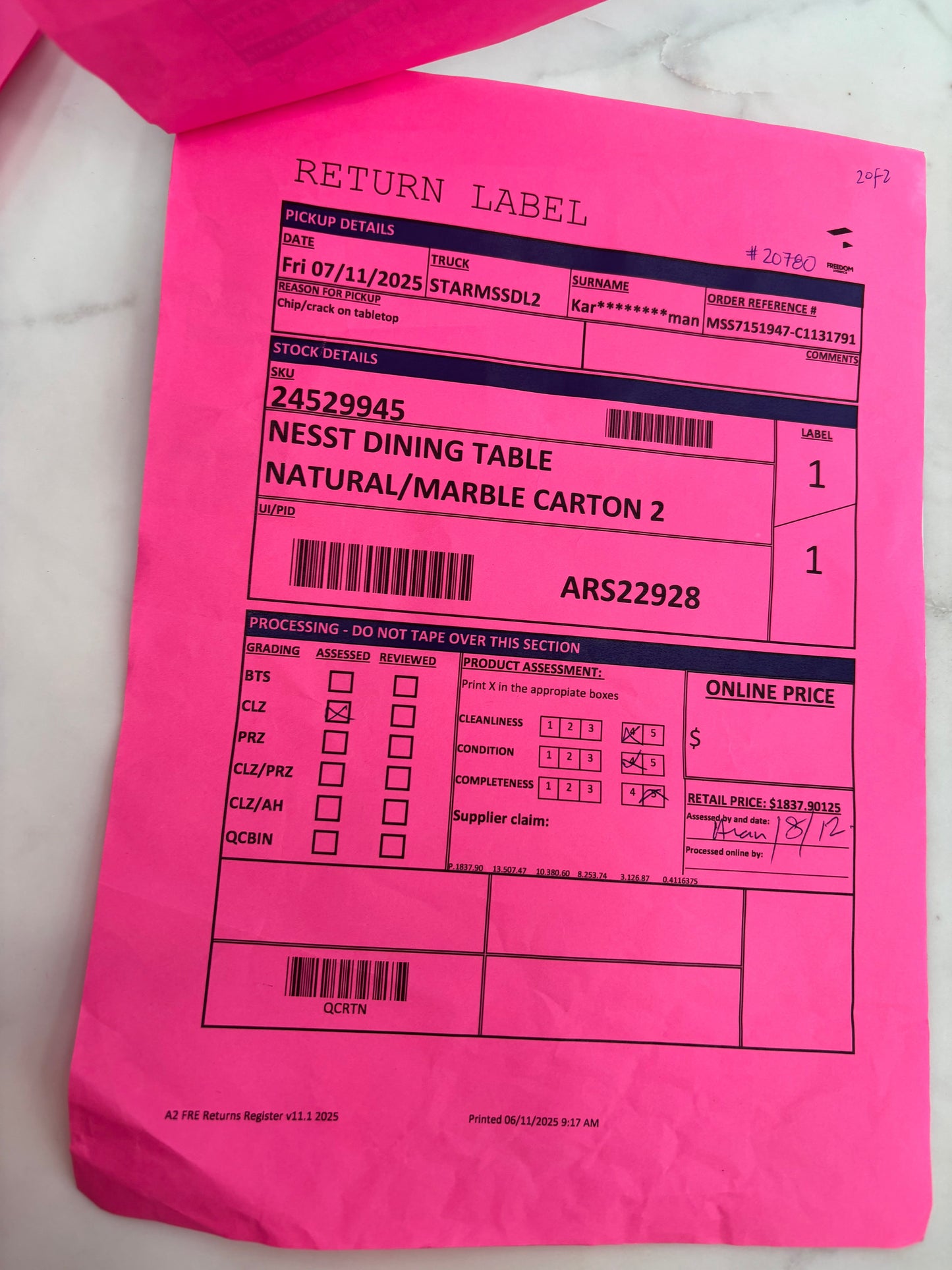 NZ CLZ20307 Nesst Dining Table Natural/Marble