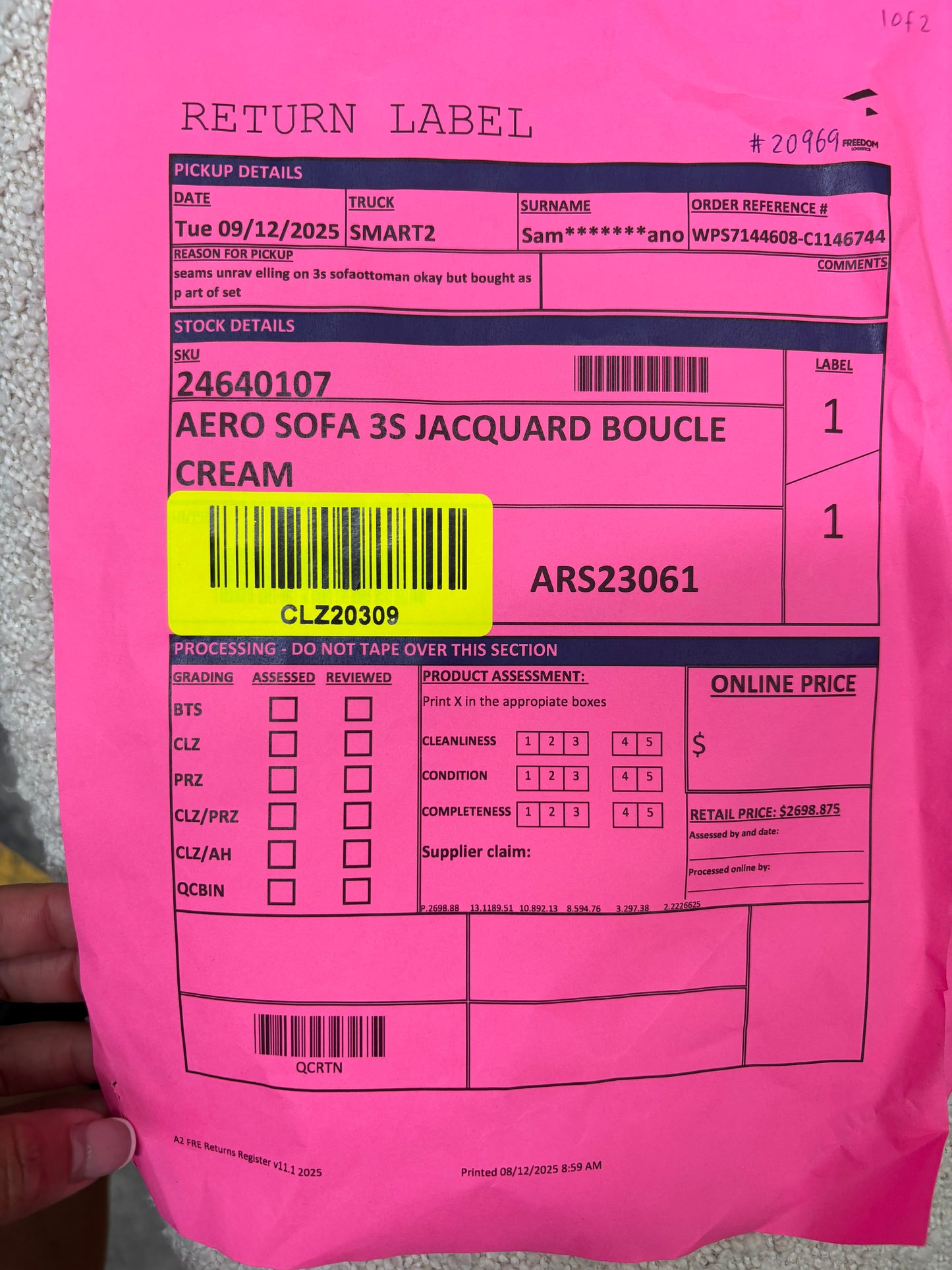 NZ CLZ20309 Aero Sofa 3S & Ottoman Jacquard Boucle Cream