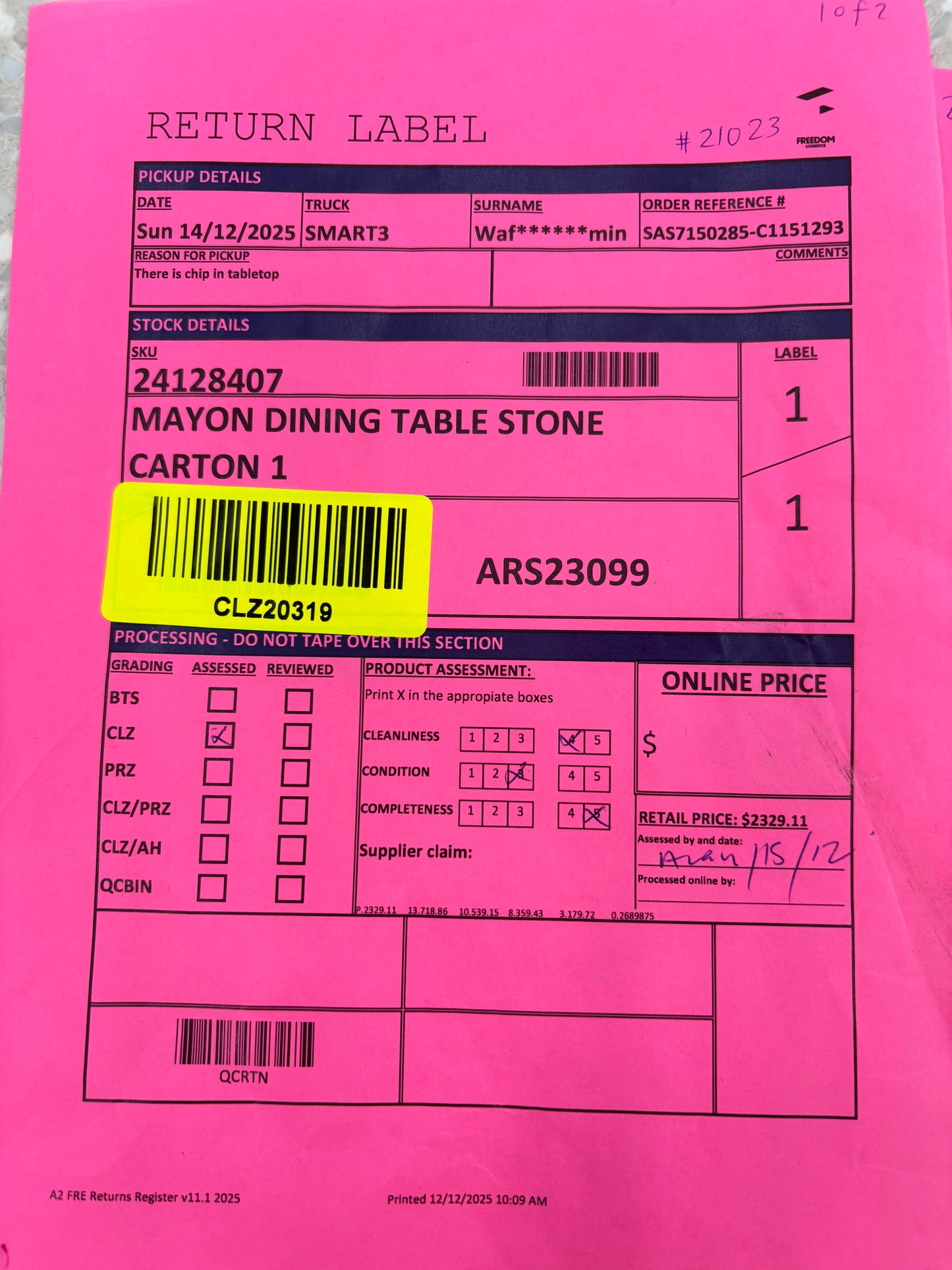 NZ CLZ20319 Mayon Dining Table Stone