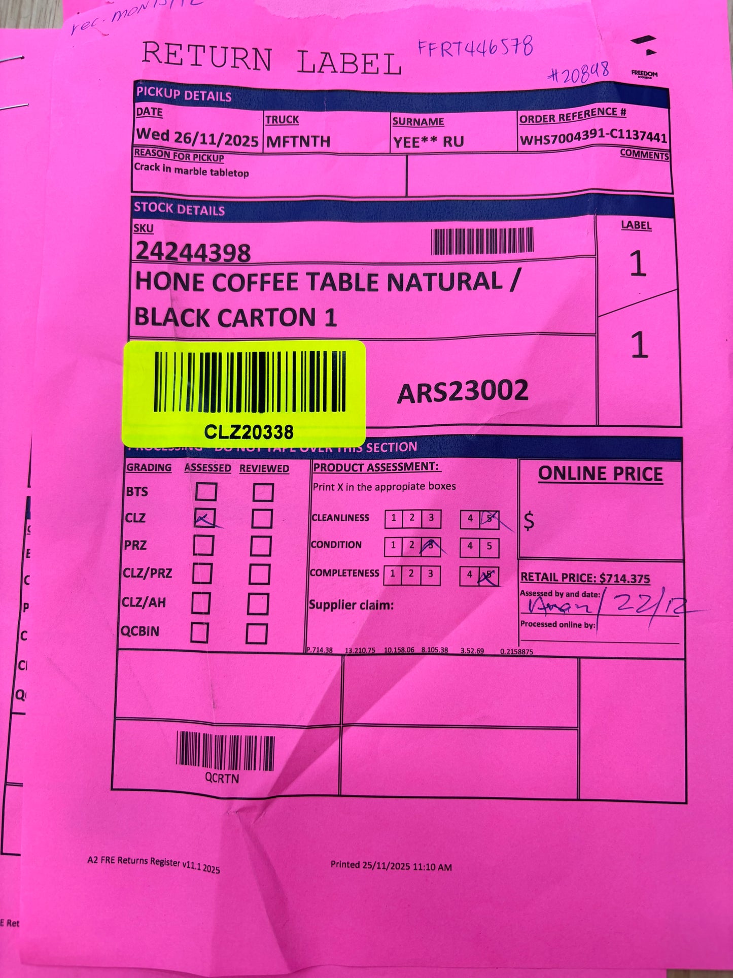 NZ CLZ20338 Hone Coffee Table Natural/Black