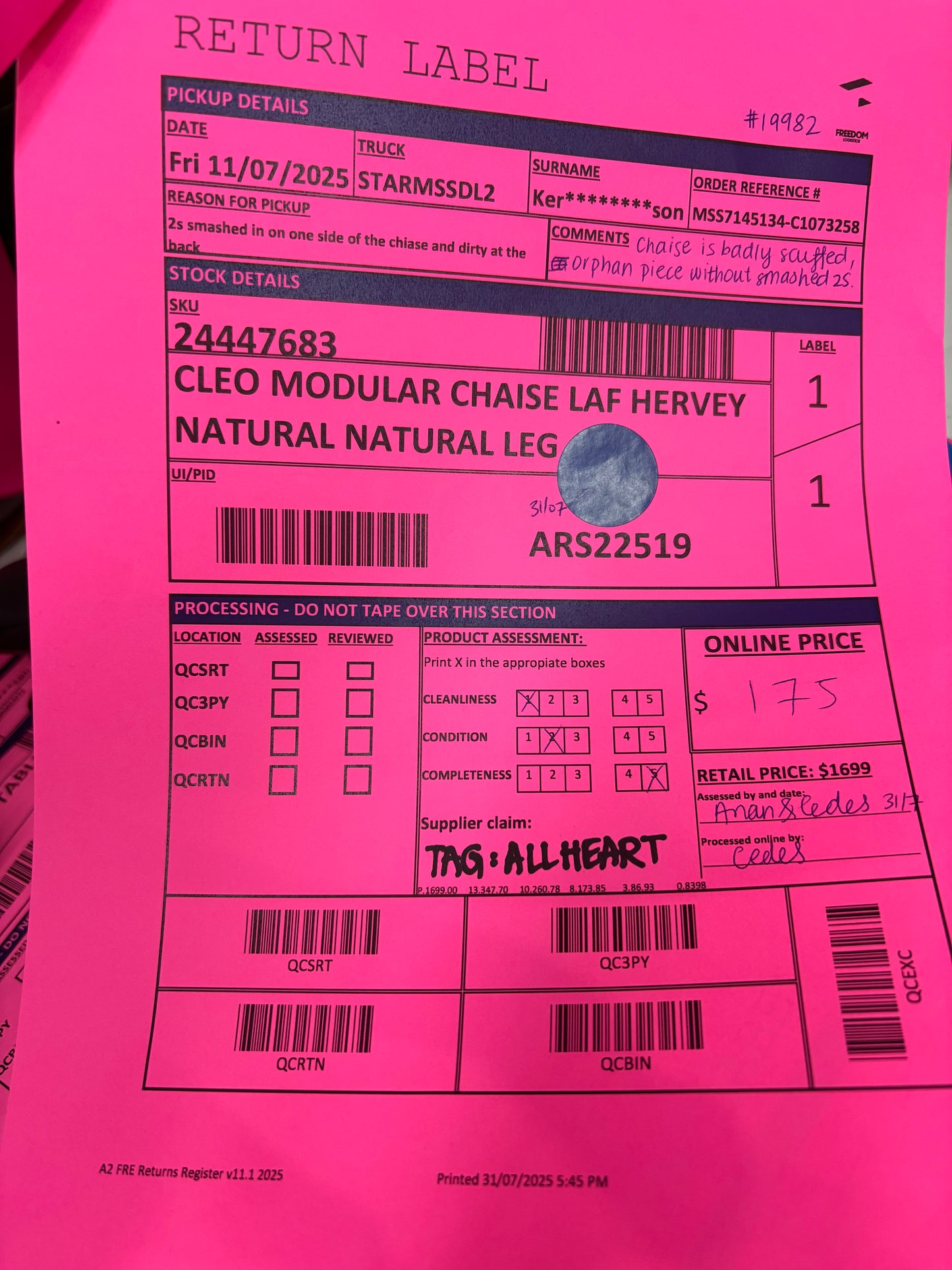 NZ MTZ20112 Cleo Mod 2.5S RAF & Mod Chaise LAF Hervey Natural