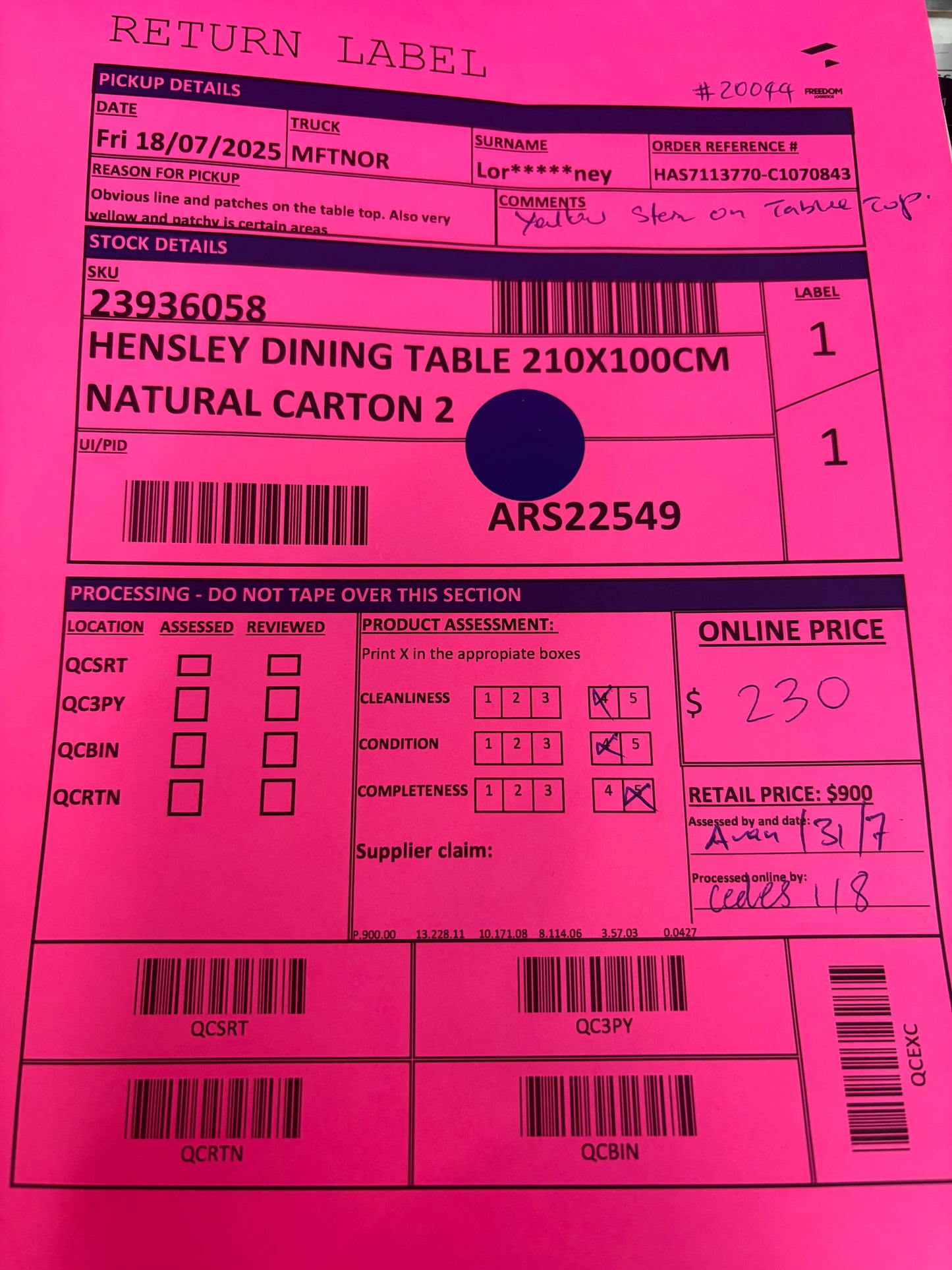 NZ MTZ20113 Hensley Dining Table 210x100cm Natural C1 & C2