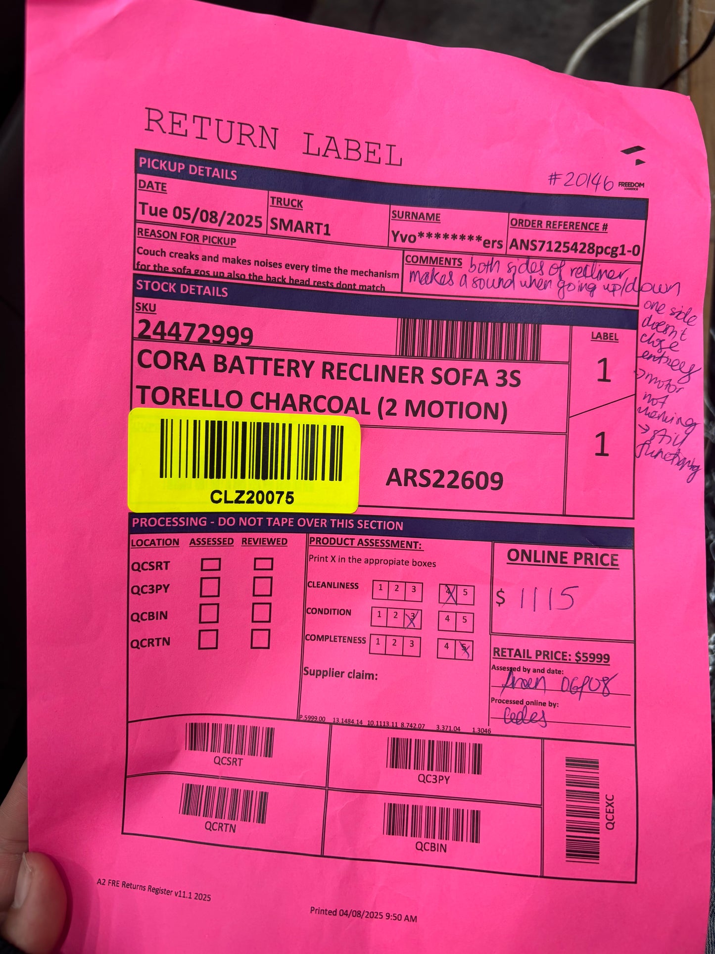 NZ CLZ20075 Cora Battery Recliner Sofa 3S Torello Charcoal (2 motion)