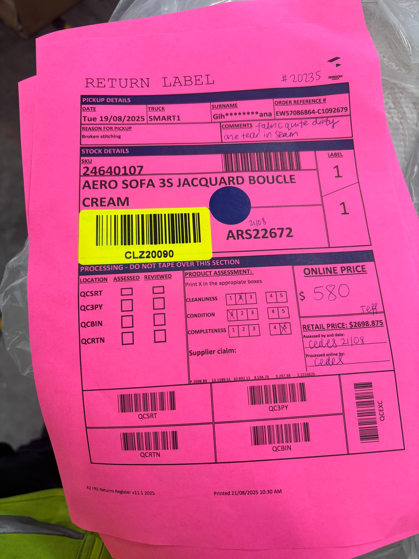 NZ CLZ20090 Aero Sofa 3S Jacquard Boucle Cream