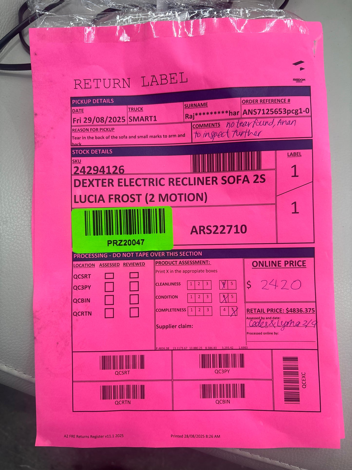 NZ PRZ20047 Dexter Electronic Recliner Sofa 2S Lucia Frost (2 Motion)