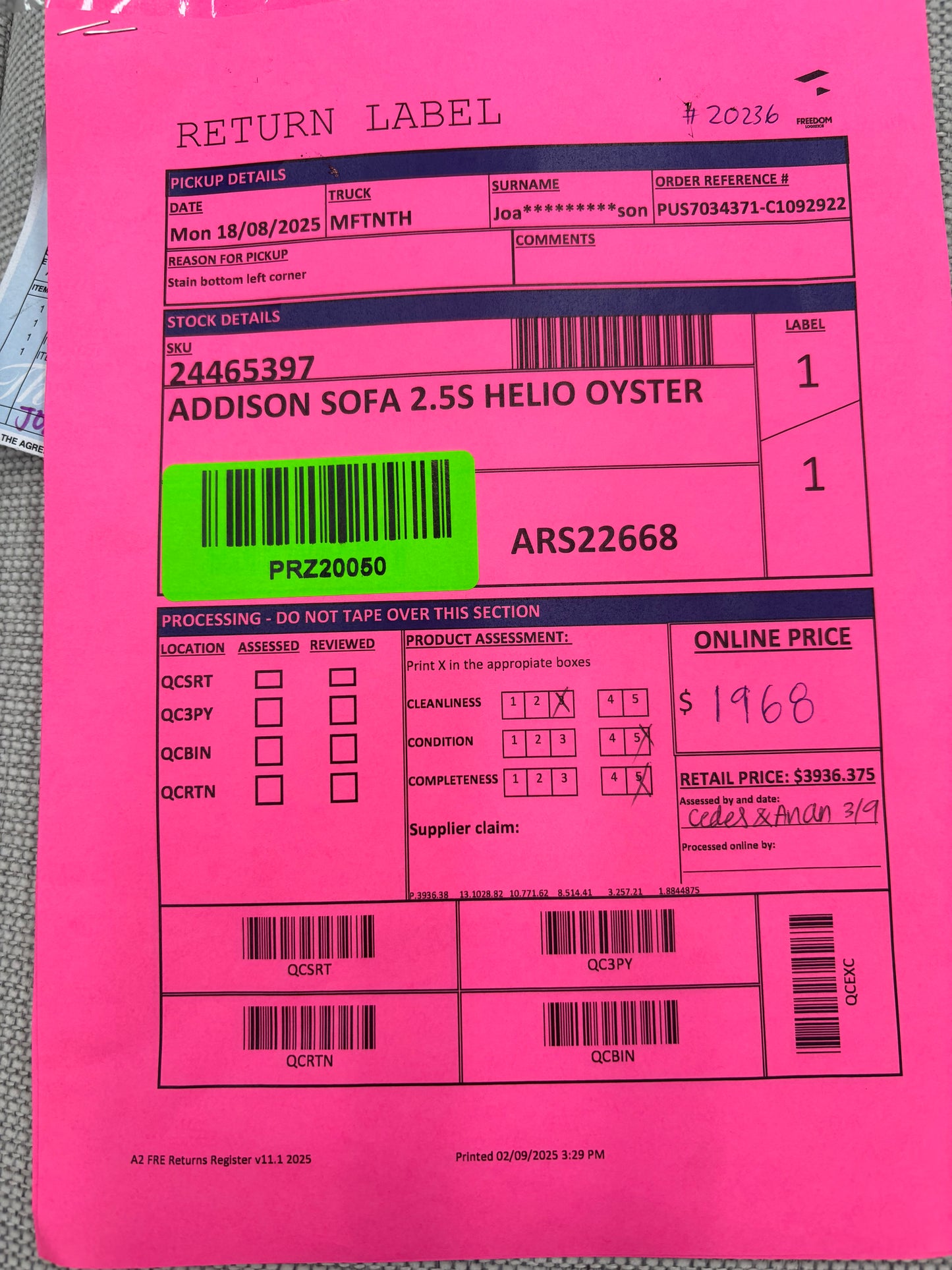 NZ PRZ20050 Addison 4pc Sofa Set Helio Oyster