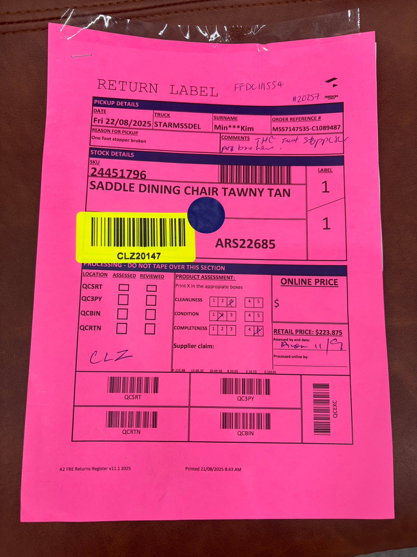 NZ CLZ20147 Saddle Dining Chair Tawny Tan