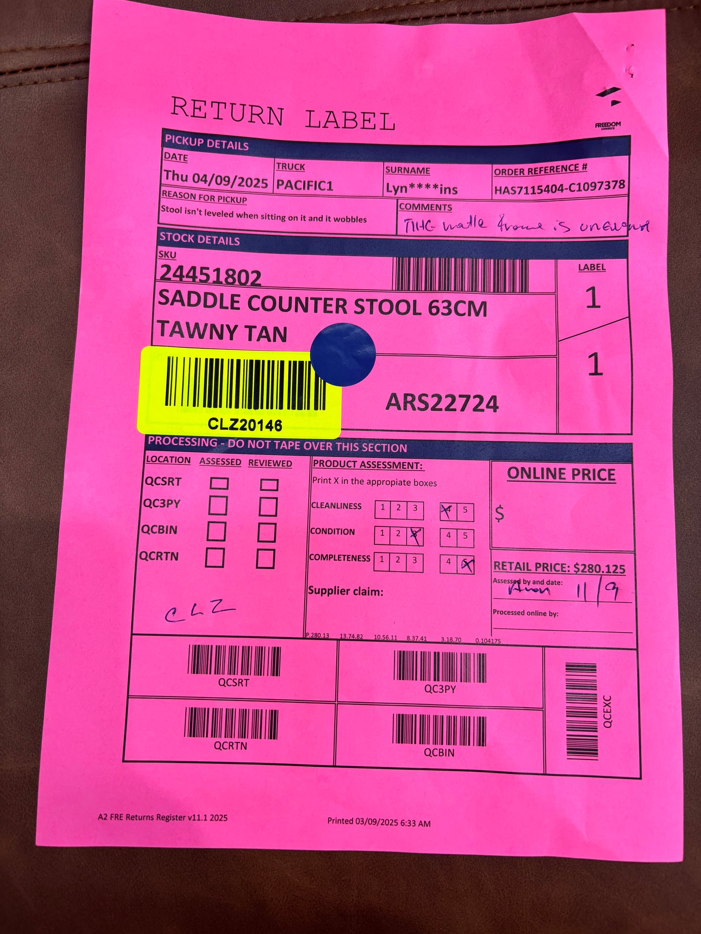 NZ CLZ20146 Saddle Counter Stool 63cm Tawny Tan