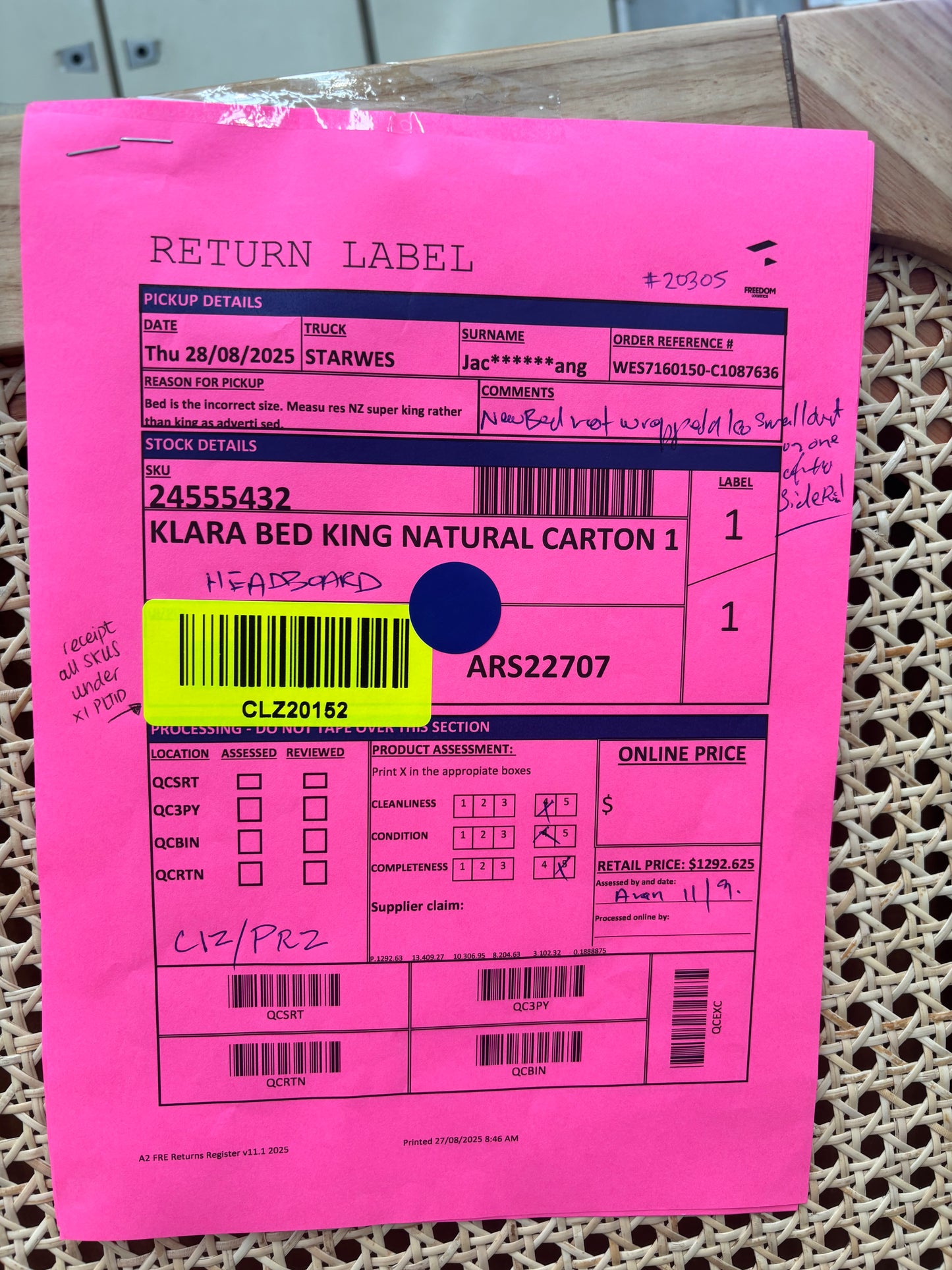 NZ CLZ20152 Klara Bed King Natural 3pc Set