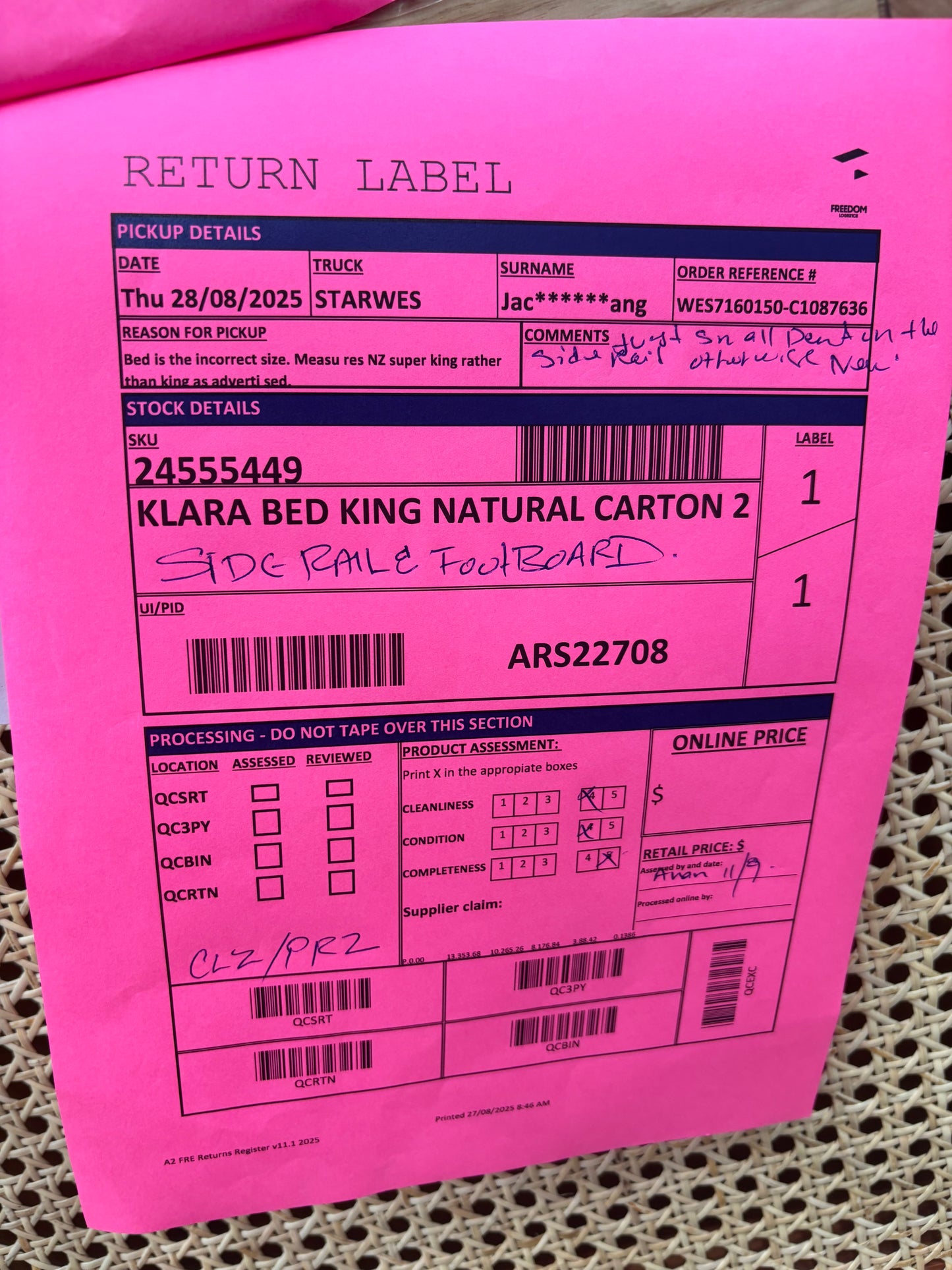 NZ CLZ20152 Klara Bed King Natural 3pc Set