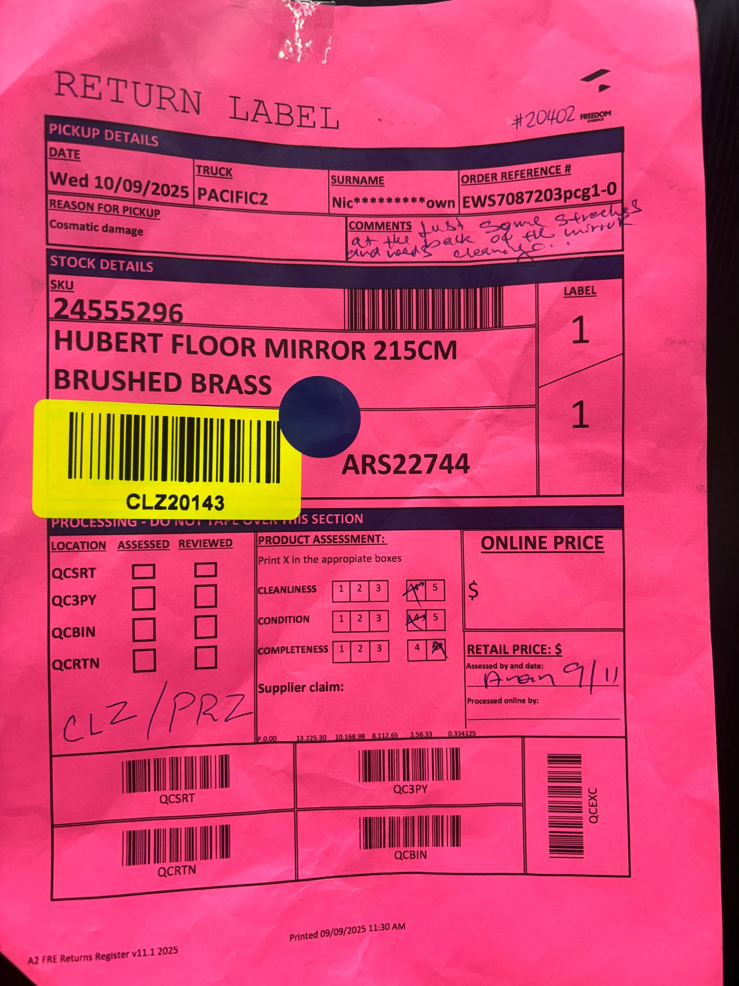 NZ CLZ20143 Hubert Floor Mirror 215cm Brushed Brass