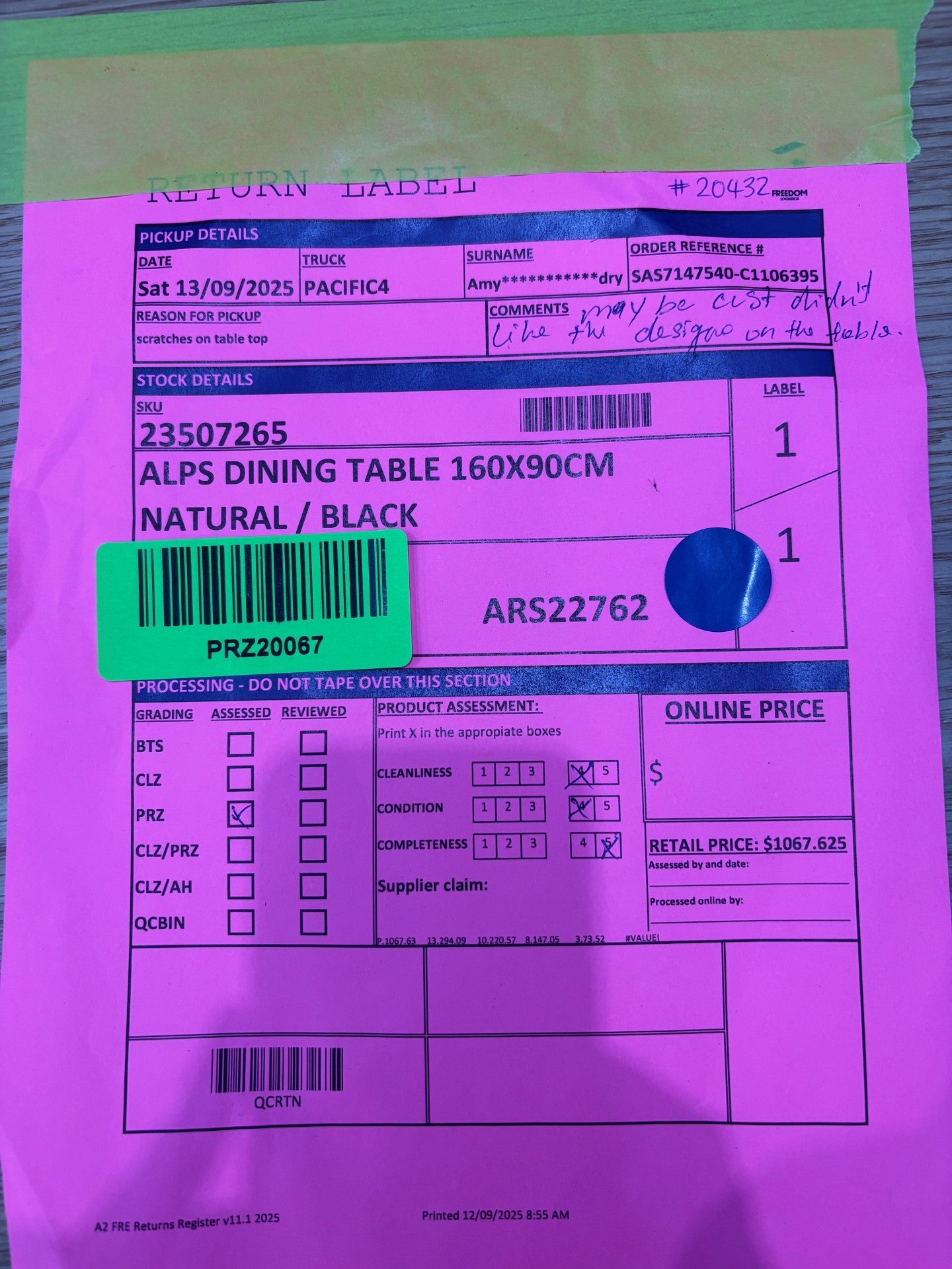 NZ PRZ20067 Alps Dining Table 160x90cm Natural/Black