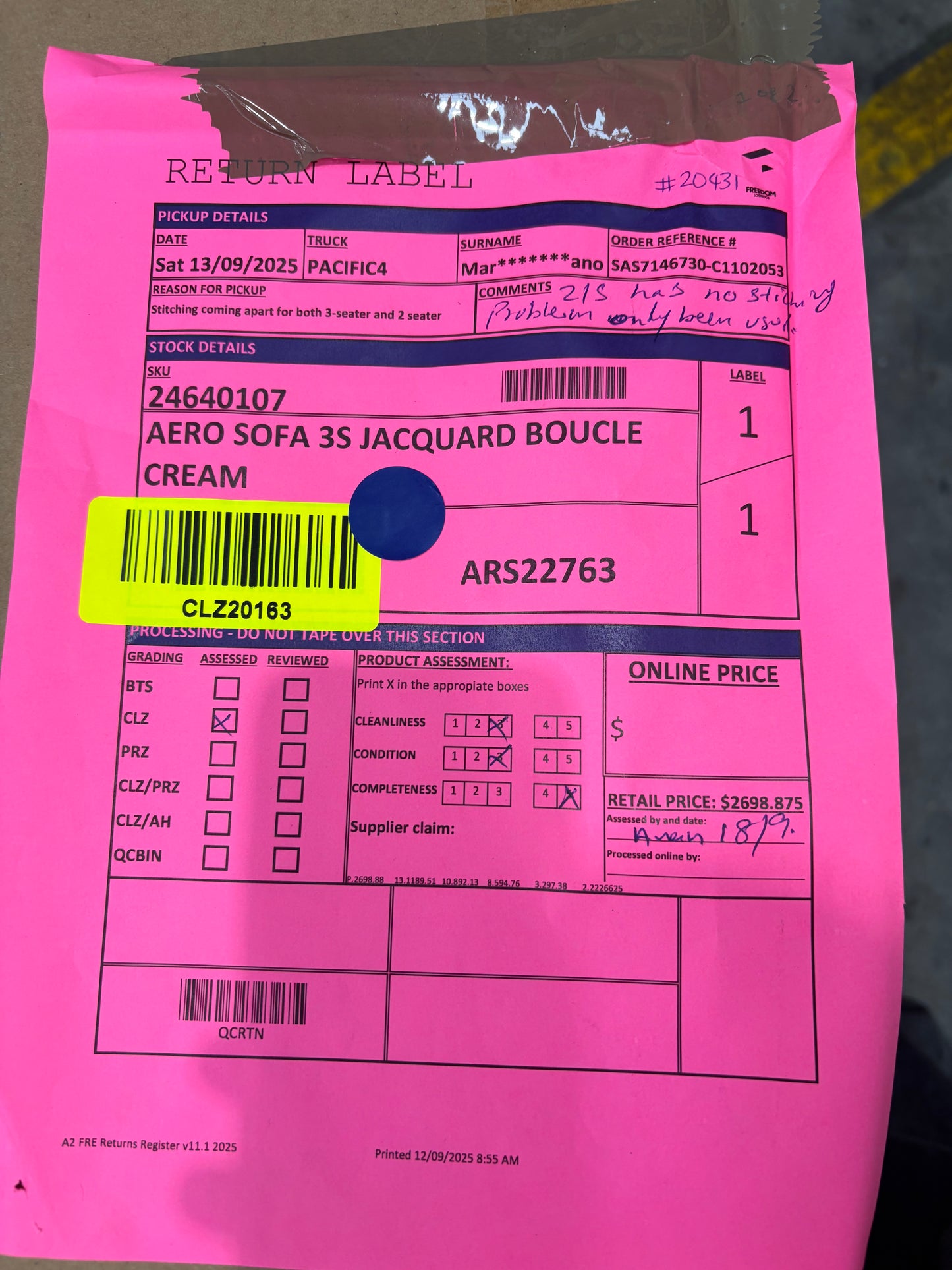 NZ CLZ20163 Aero Sofa 3S Jacquard Boucle Cream