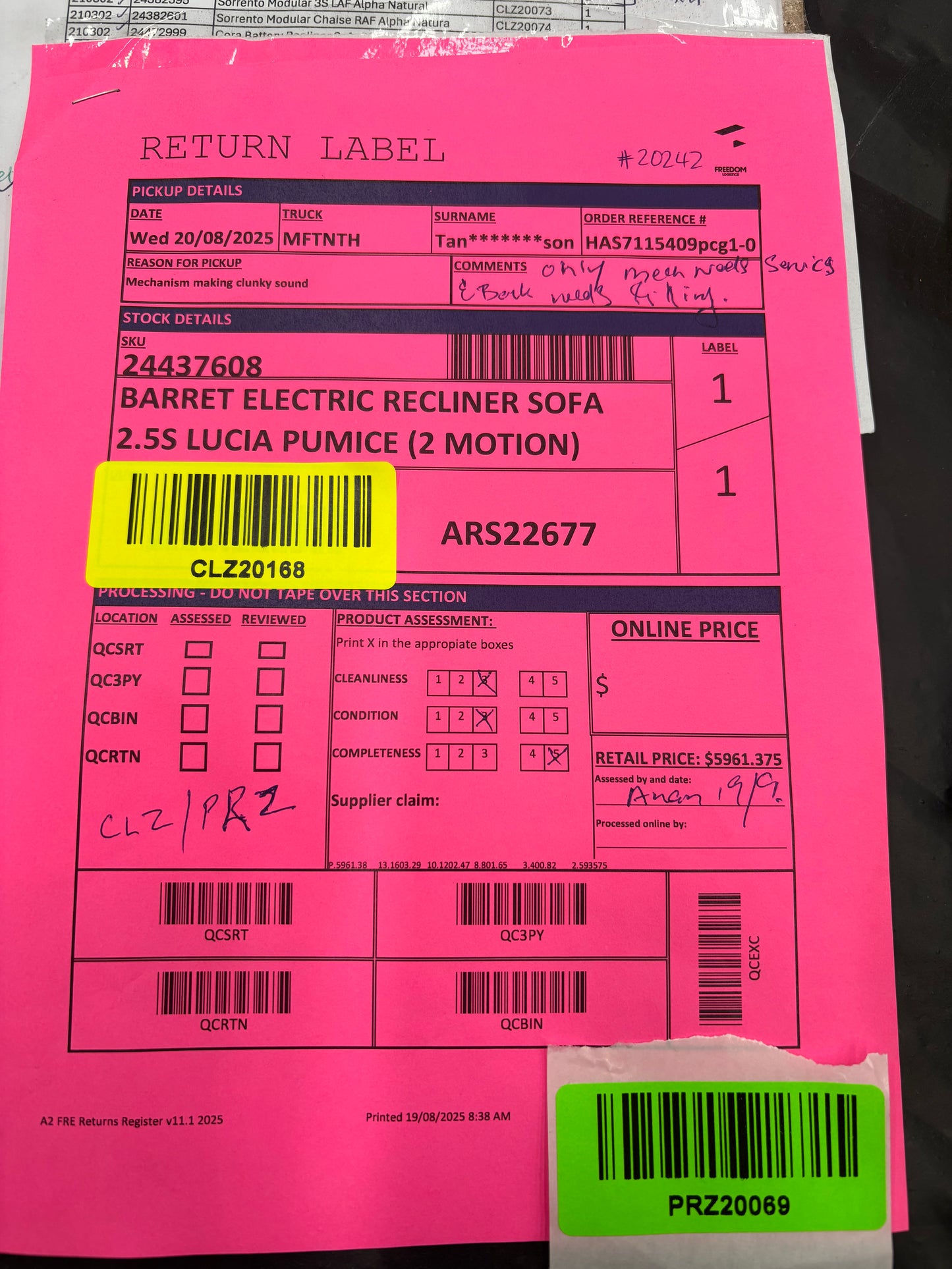 NZ CLZ20168 Barret Electric Recliner Sofa 2.5S Lucia Pumice (2 Motion)