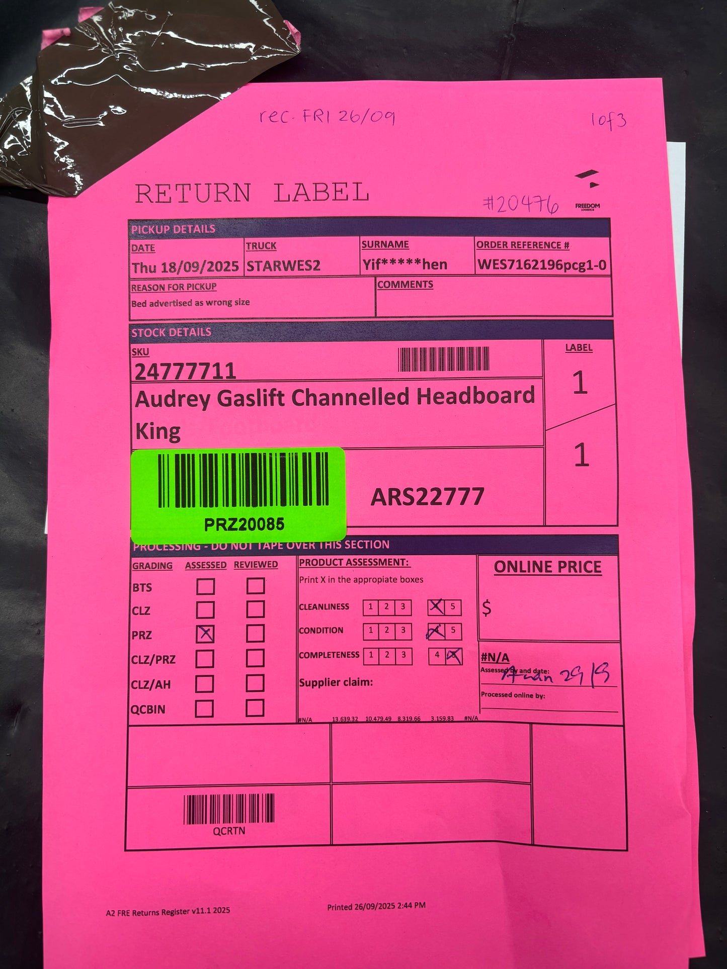 NZ PRZ20085 Audrey Gaslift Channeled Headboard King