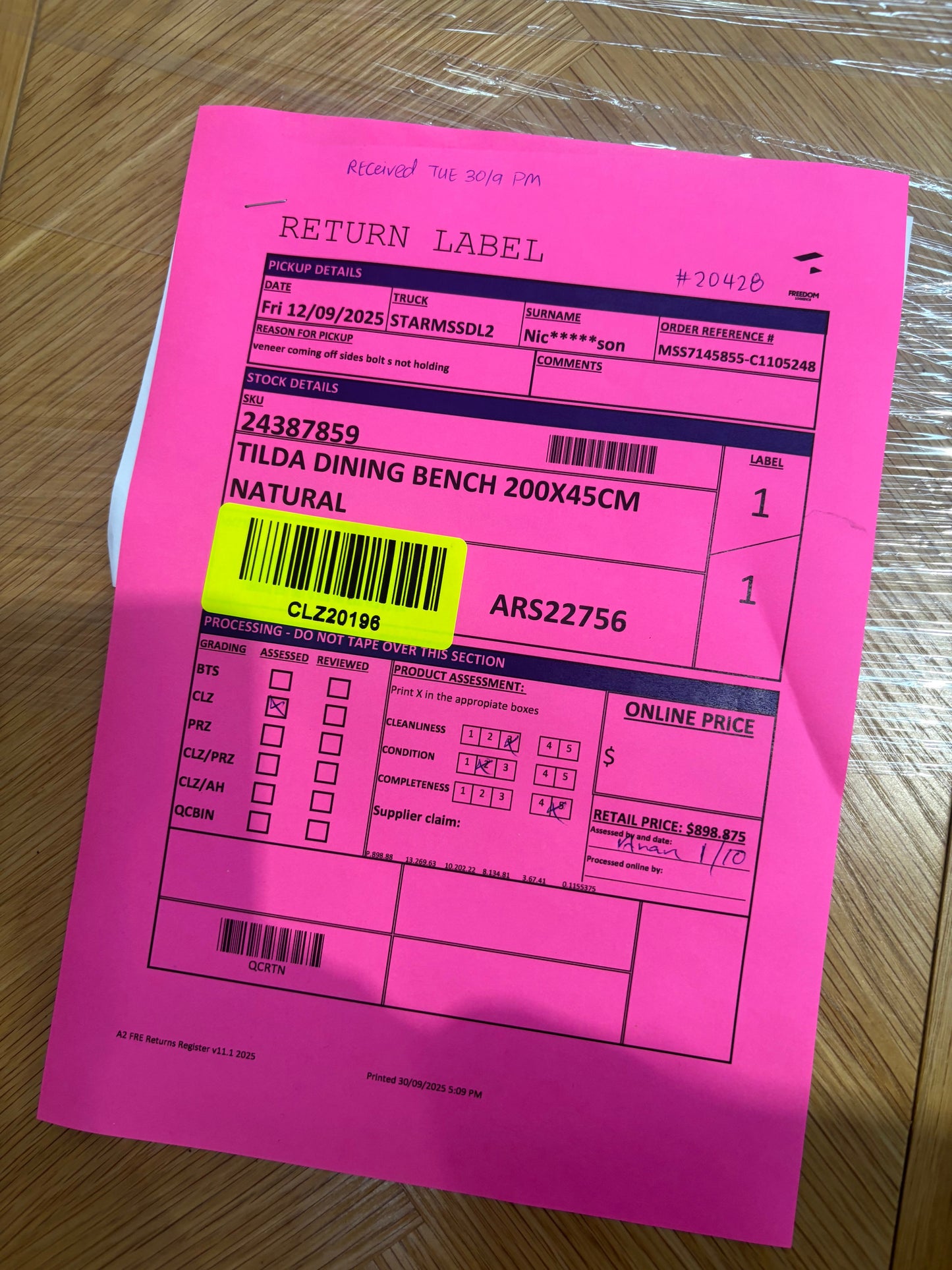 NZ CLZ20196 Tilda Dining Bench 200x45cm Natural