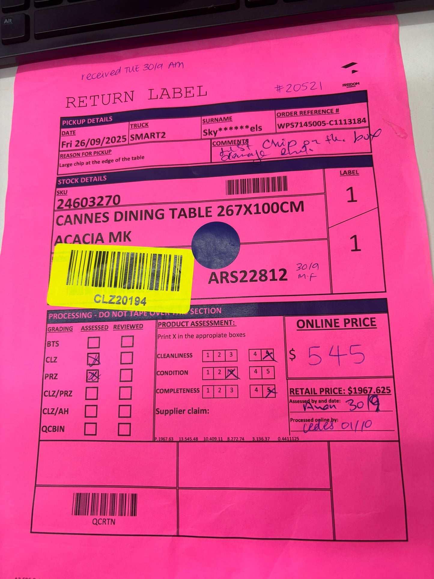 NZ CLZ20194 Cannes Dining Table 267x100cm Acacia MK