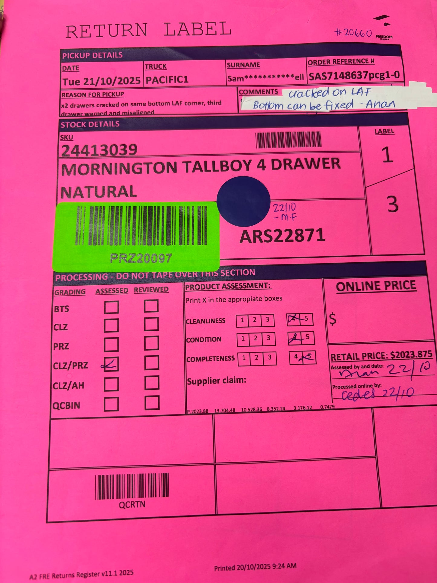 NZ PRZ20097 Mornington Tallboy 4 Drawer Natural