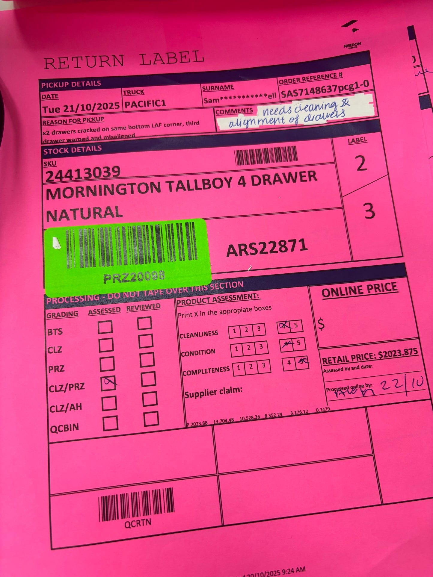 NZ PRZ20098 Mornington Tallboy 4 Drawer Natural