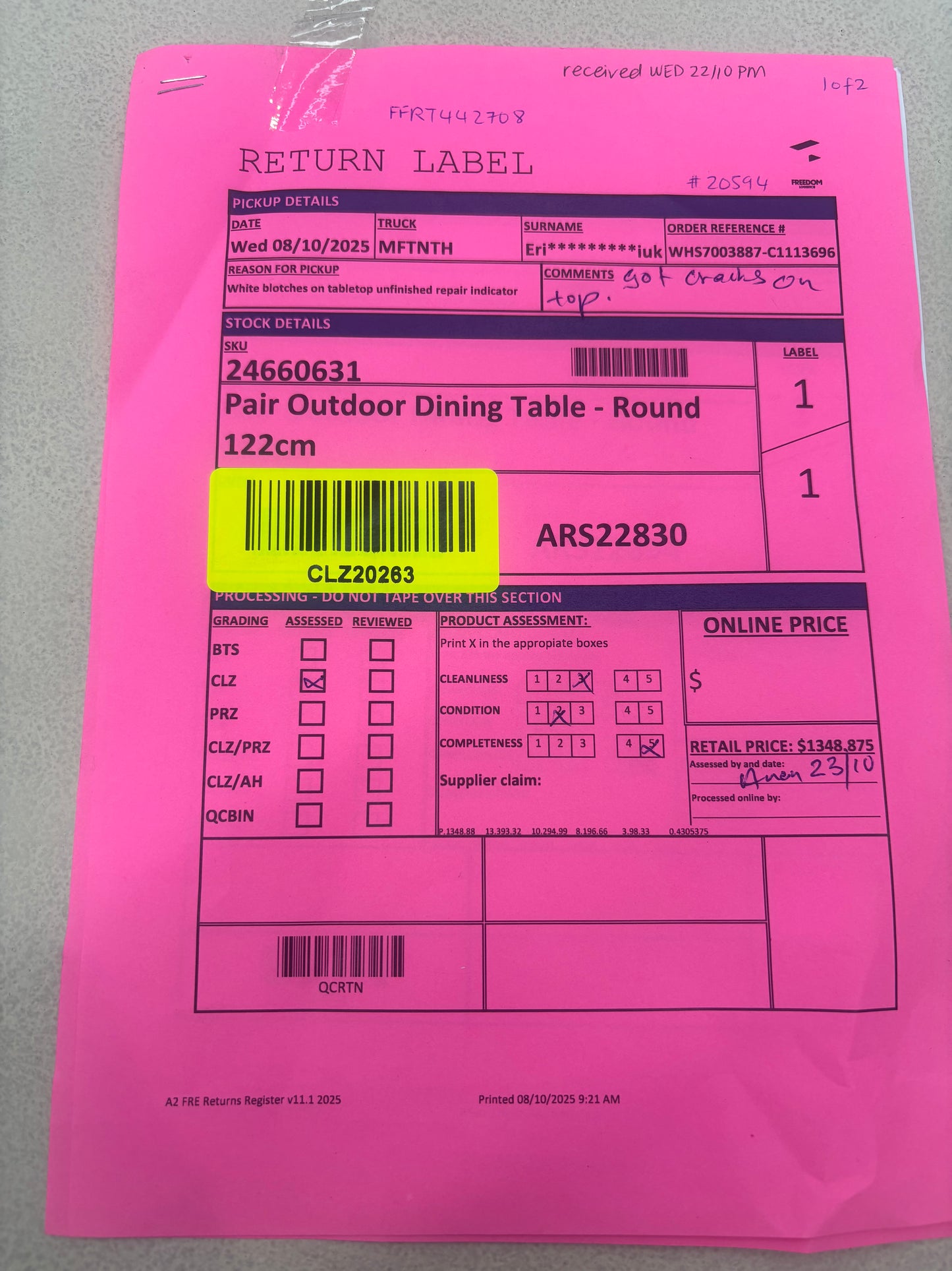 NZ CLZ20263 Pair Outdoor Dining Table - Round 122cm