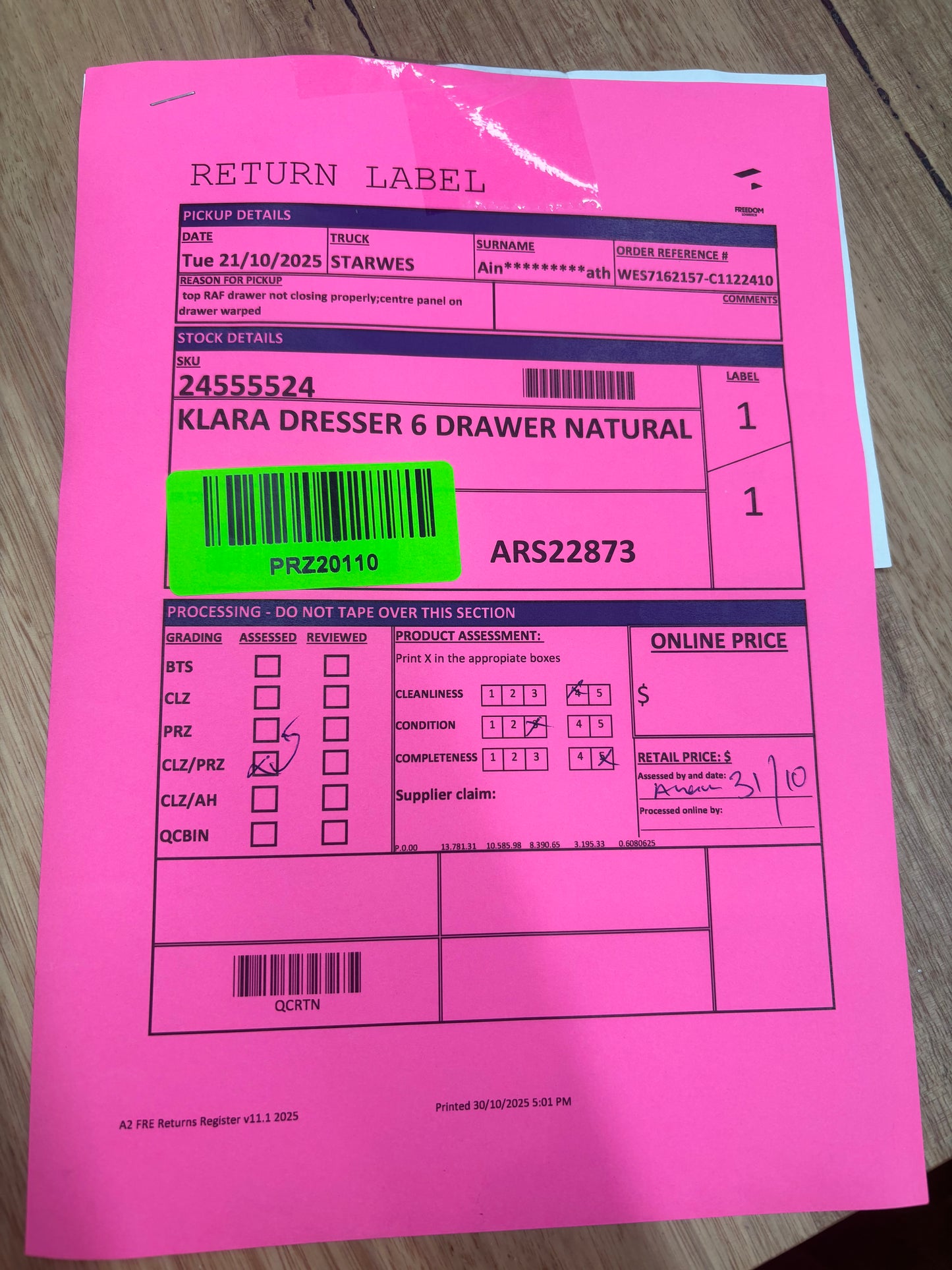 NZ PRZ20110 Klara Dresser 6 Drawer Natural