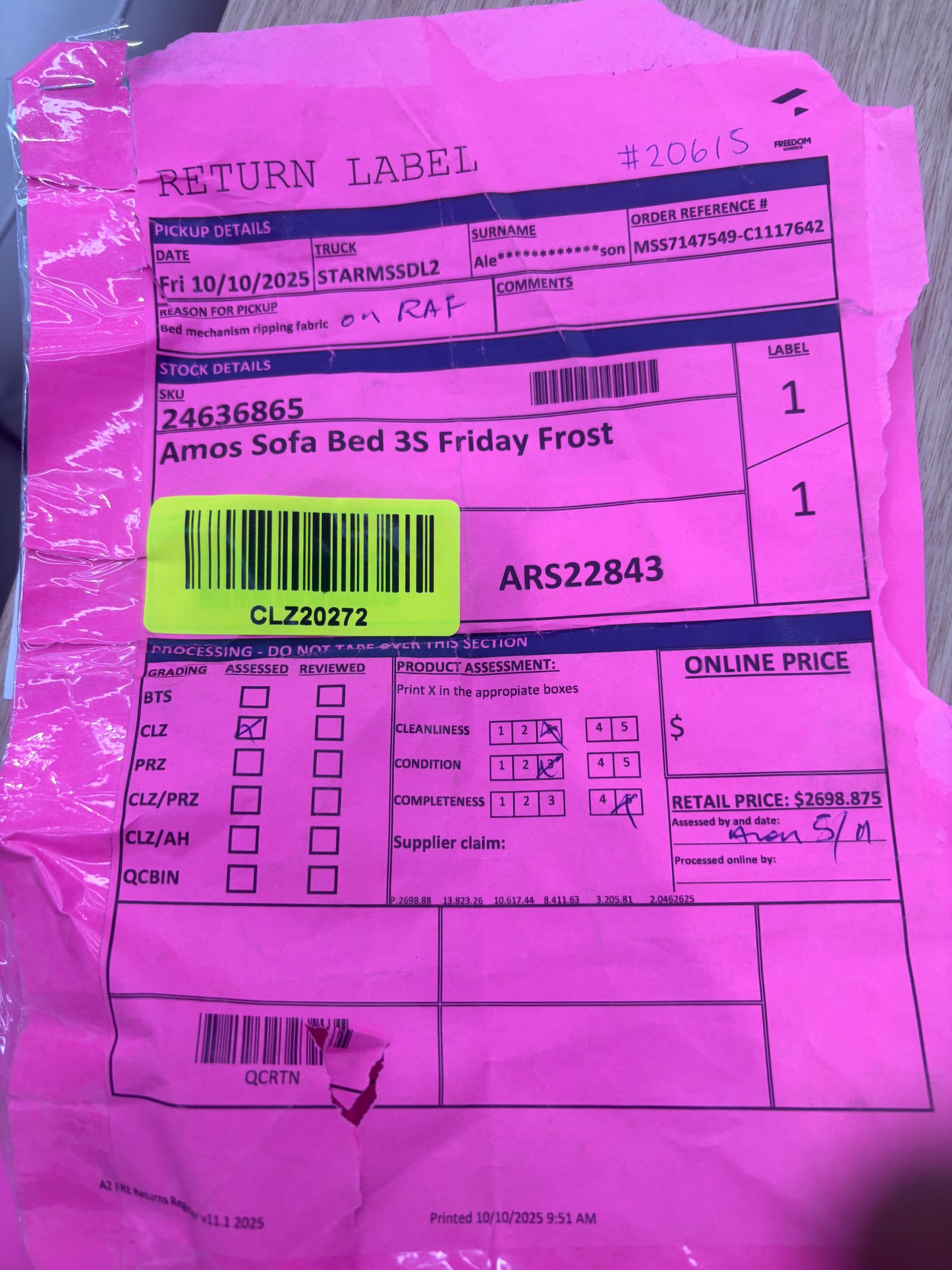 NZ CLZ20272 Amos Sofa Bed 3S Friday Frost