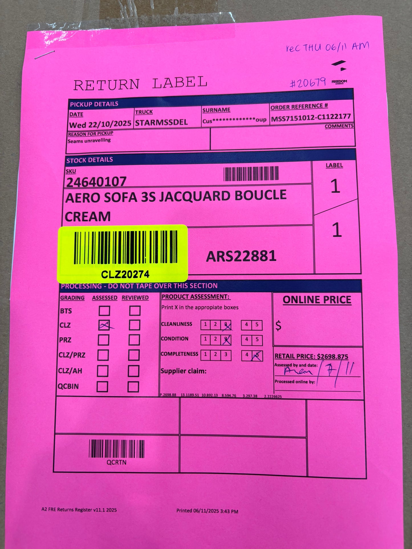 NZ CLZ20274 Aero Sofa 3S Jacquard Boucle Cream